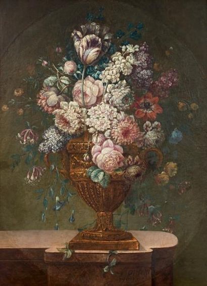 MOREAU, 1789 Bouquet de fleurs dans un vase en bronze doré sur un entablement de...