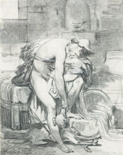 François BOUCHOT (Paris 1800 - 1842) Hermès et Bacchus Pierre noire. Signé et daté...