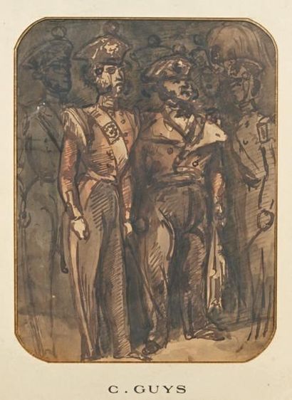 Constantin GUYS (Flessingue 1802 - Paris 1892) Deux officiers Lavis noir et brun...