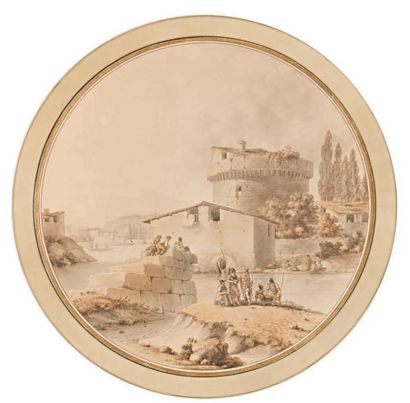 Victor Jean NICOLLE (Paris 1754 - 1826) Soldats au bord d'une rivière près d'une...