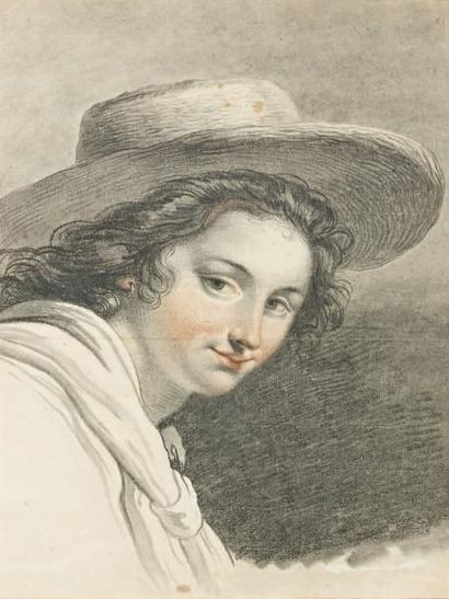 Ecole francaise vers 1760 Portrait d'un jeune homme au chapeau Pierre noire et sanguine....