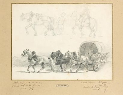 Alfred de DREUX (Paris 1810 - 1860) Chevaux tirant une carriole, études pour un cavalier...