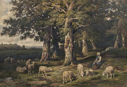 Charles-Ferdinand CERAMANO (1829-1909) La bergère et ses moutons en forêt Huile sur...