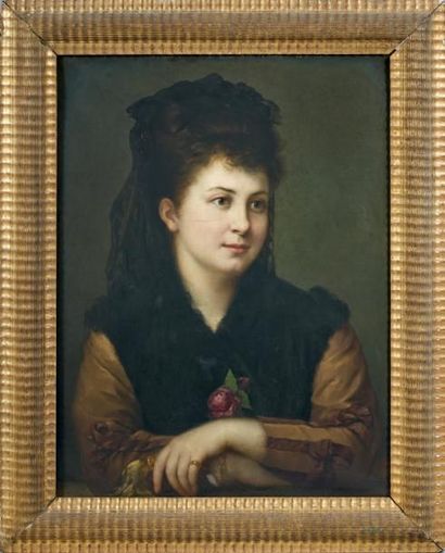Ecole ESPAGNOLE du XIXème siècle Portrait de femme à la mantille noire Toile. 65...