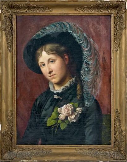 Ecole FRANÇAISE vers 1860 Portrait de femme aux roses Toile. 73,5 x 55 cm