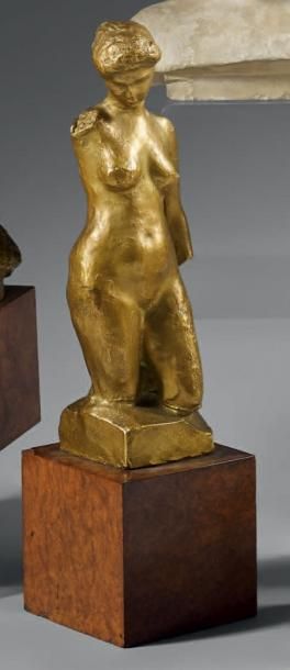 SCHNEGG Lucien (1864 - 1909) «Jeune femme nue». Épreuve en bronze à patine dorée,...