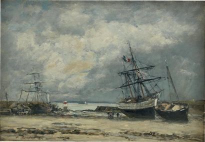 Eugène BOUDIN (1824 - 1898) Portrieux, le port à marée basse, 1874 Huile sur toile,...