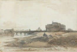 FELIX ZIEM (1821 - 1911) Rome, le château Saint-Ange, le peintre sur le motif Aquarelle,...