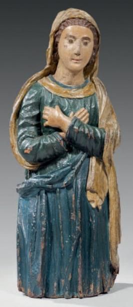 null Grande Vierge en adoration en bois sculpté en ronde bosse polychrome. Agenouillée,...