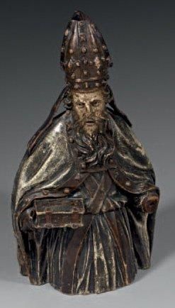 null Grégoire le grand (?), en buste en bois sculpté polychrome et doré, dos évidé....