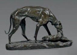 Antoine-Louis BARYE Lévrier au lièvre, épreuve en bronze à patine brune. Fonte d'édition...