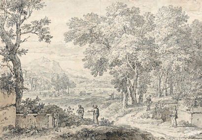 Jan van HUYSUM (Amsterdam 1682 - 1749) Promeneurs vêtus à l'antique dans un paysage...