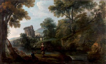 JEAN-BAPTISTE LALLEMAND (DIJON VERS 1710 - PARIS 1805) Paysage lacustre animé de...