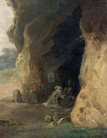 Hubert ROBERT (Paris 1733 - 1808) La tentation de saint Antoine Toile, signée en...