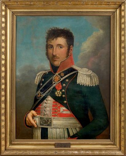 null Huile sur toile rectangulaire: Portrait d'un officier du 1er régiment de chasseurs...
