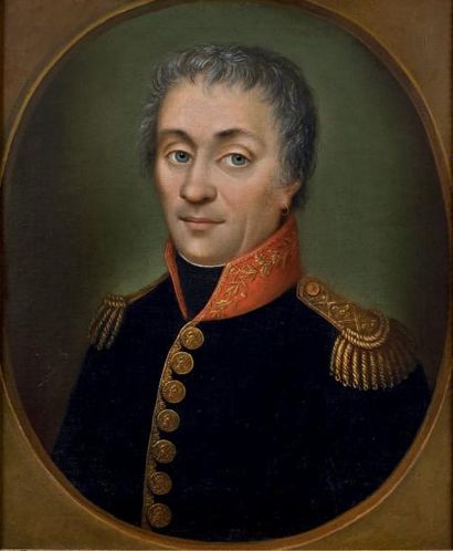  Huile sur toile rectangulaire à vue ovale: Portrait d'un adjudant-général en uniforme...