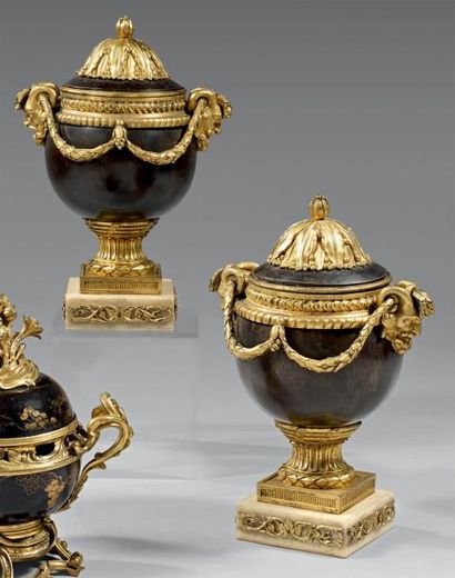 null Paire de vases couverts en loupe tourné, à monture de bronze ciselé et doré,...