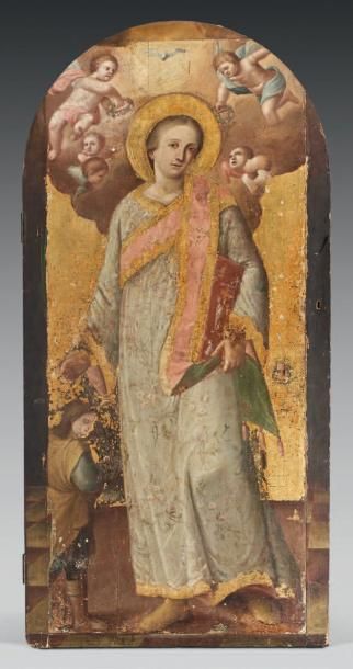 ECOLE FRANCAISE DU XIXème siècle Saint diacre entouré d'anges Panneau 204 x 89 c...