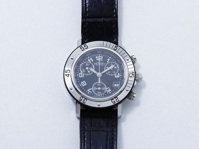 HERMES «CLIPPER PLONGEUR» Montre chronographe en acier, cadran noir 3 compteurs avec...
