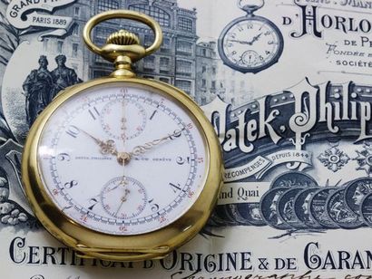 PATEK, PHILIPPE & Cie Montre de poche chronographe en or 18 K, cadran émaillé blanc...