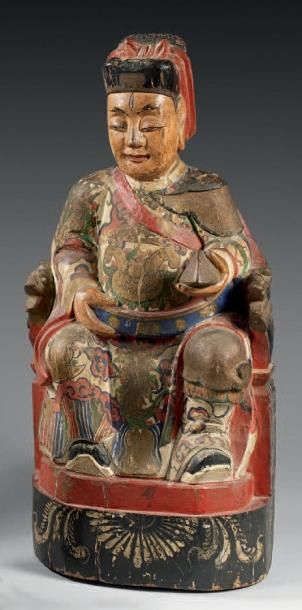 CHINE Grand dignitaire du panthéon bouddhique assis sur un fauteuil en bois sculpté...