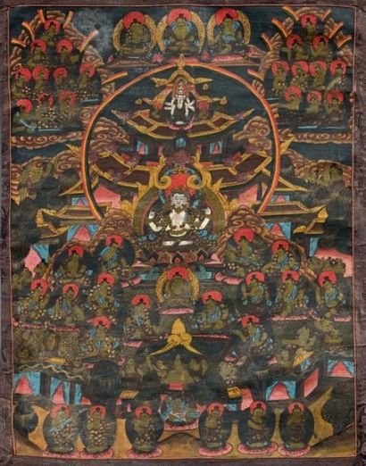 TIBET Tanka, détrempe sur toile, Sadaskari assis au centre surmonté d'Avalokitésvara...