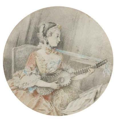 ECOLE FRANCAISE DU XIXème siècle La guitariste.Sanguine et pastel Diamètre: 20, ...
