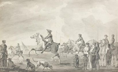 Attribué à Dirk LANGENDYCK (1748- 1805) Course de chevaux sur la plage.Plume et lavis...
