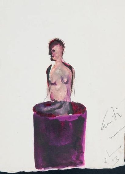 Mahi BINEBINE (Né en 1959) Femme dans un seau, 2003 Technique mixte sur papier signé...
