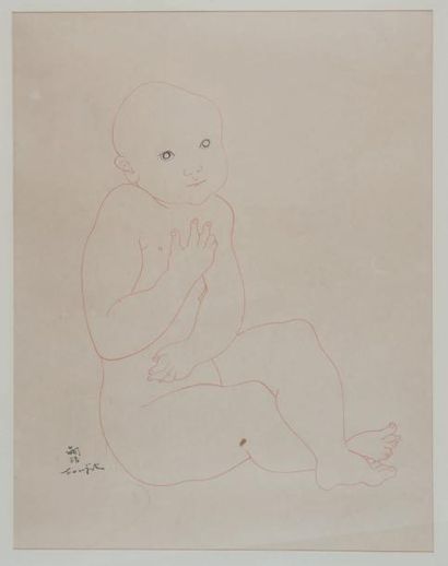 TSUGUHARU LÉONARD FOUJITA (1886 - 1968) Enfant nu assis, 1933 Dessin à l'encre rouge...