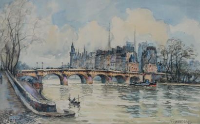 FRANK-WILL (1900 - 1951) Paris, la Seine au Pont Neuf Aquarelle sur traits de crayon,...