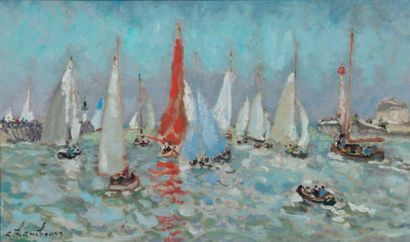André HAMBOURG (1909 - 1999) Marée haute pour les yachts Huile sur toile, signée...