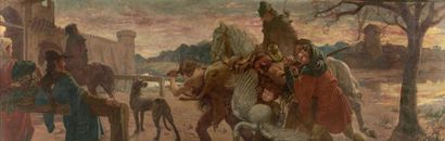Albert GEUDENS (1869 - 1949) Retour de chasse au moyen âge Huile sur toile, signée...