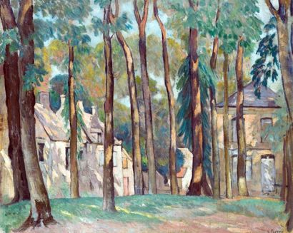 Gustave René PIERRE (1875 - 1939) Les grands arbres Huile sur toile, signée en bas...
