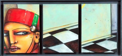 Bruno VIGOROSO (Né en 1954) Groom in corridor Triptyque, trois huiles sur toile marouflées...