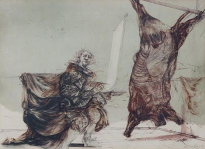 Claude WEISBUCH (1927- 2014) Peintre à l'animal écorché, d'après Rembrandt. 53 x...