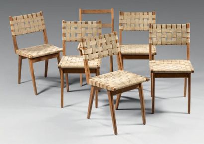 RISOM Jens Suite de six chaises en chêne à dossier et assise à sangles en tissu tressé,...