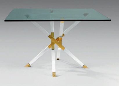 POUENAT Henri (Né en 1934) Table de salle à manger en métal et plexiglas à quatre...