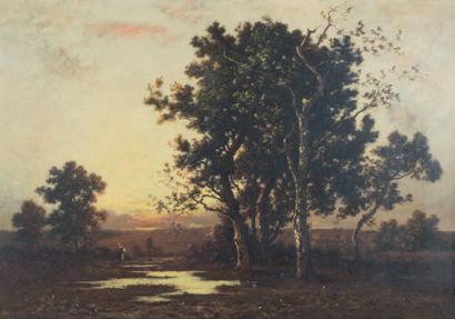 Léon RICHET (1847 - 1907) Soleil couchant Huile sur toile, signée en bas à gauche;...