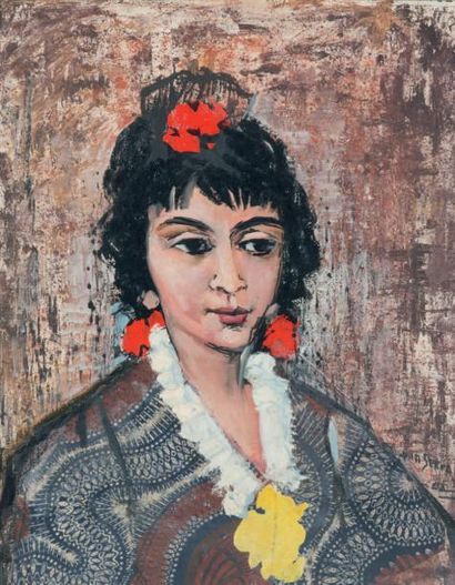 Ismaël de la SERNA (1897 - 1963) Portrait d'espagnole Collage, huile sur carton,...