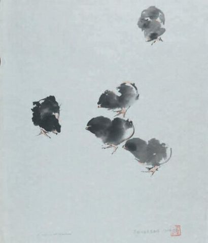Kei SZETO (1904 - 1997) Les poussins, 1990 Dessin à l'encre et à l'aquarelle, signé,...