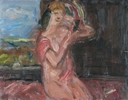 Georg EISLER (1928 - 1998) Femme au miroir, 1993 Huile sur panneau, signée et datée...