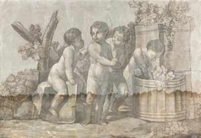 ECOLE FRANCAISE DU XIXème siècle Les enfants vignerons Détrempe sur papier 88 x 123...