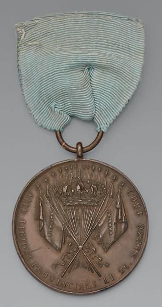 null Médaille des milices provinciales, 3e classe, ronde en bronze; ruban bleu clair;...