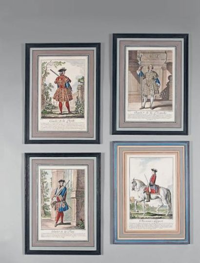 null Quatre gravures aquarellées d'après Eisen, Maison du Roi du XVIIIe: - Garde...