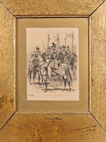 Edouard DETAILLE Dessin à la plume rehaussé au crayon, signé et daté: "1886": Chasseurs...