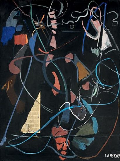 André LANSKOY (1902 - 1976) Composition fond noir Gouache et collage sur papier marouflé...