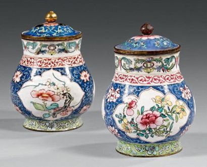 CHINE Très rare paire de pots à épices couverts de forme balustre à décor peint sur...