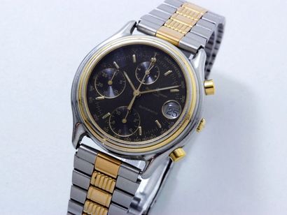 BAUME & MERCIER Réf 6103 Montre chronographe en acier bicolore, cadran noir 3 compteurs...