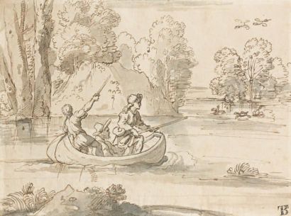 Michel II CORNEILLE (Paris 1642 - 1708) Trois chasseurs dans une barque Plume et...